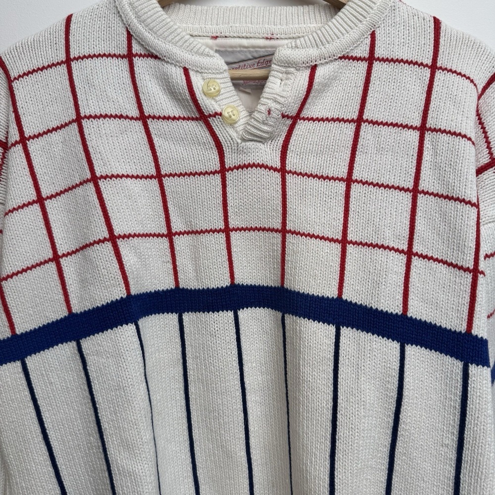 VTG Competitive Edge Neiman Marcus Large Knit Sweater Henley Cotton White Grid - Picture 2 of 13